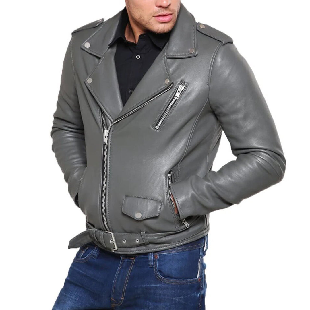 Mens grey biker jacket best sale