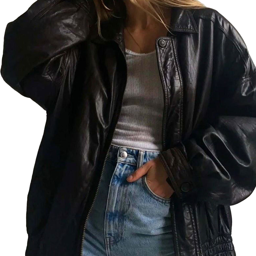 Handmade Women Oversize Black Leather Jacket