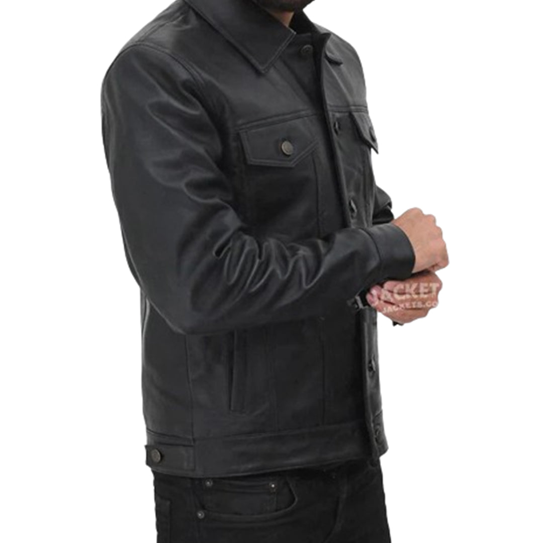 Men's Classic Trucker Jacket Black | Western Style Real Leather Jacket