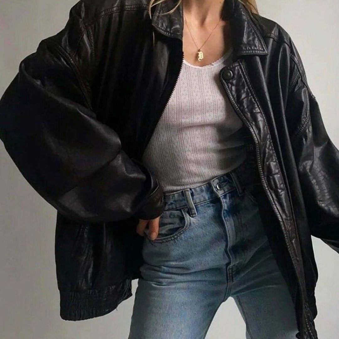 Handmade Women Oversize Black Leather Jacket