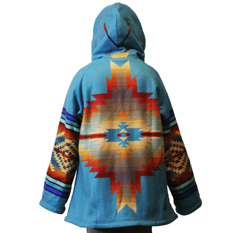Women Wool - Fleece Poncho Coat Claw Button Hooded Jacket Poncho Overcoat