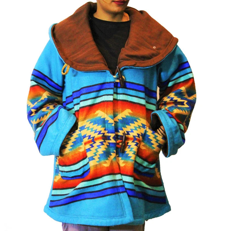 Women Wool - Fleece Poncho Coat Claw Button Hooded Jacket Poncho Overcoat