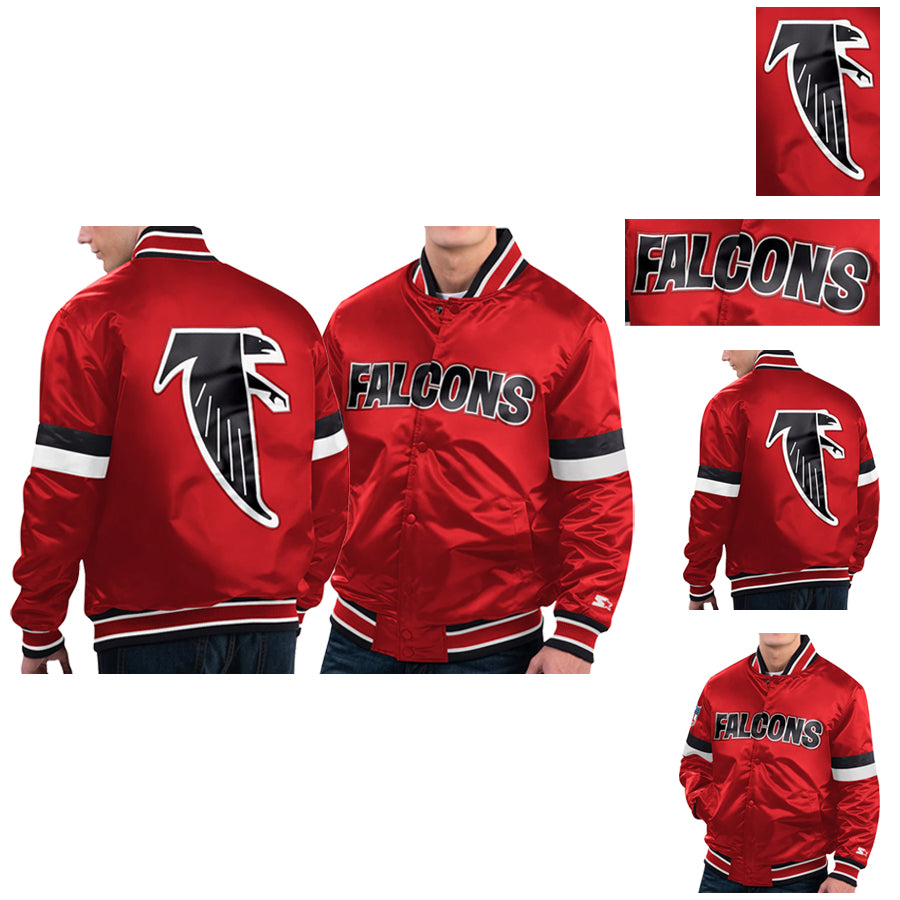 90s Atlanta Falcons Red Satin Bomber Jacket Forward Power Striped Varsity