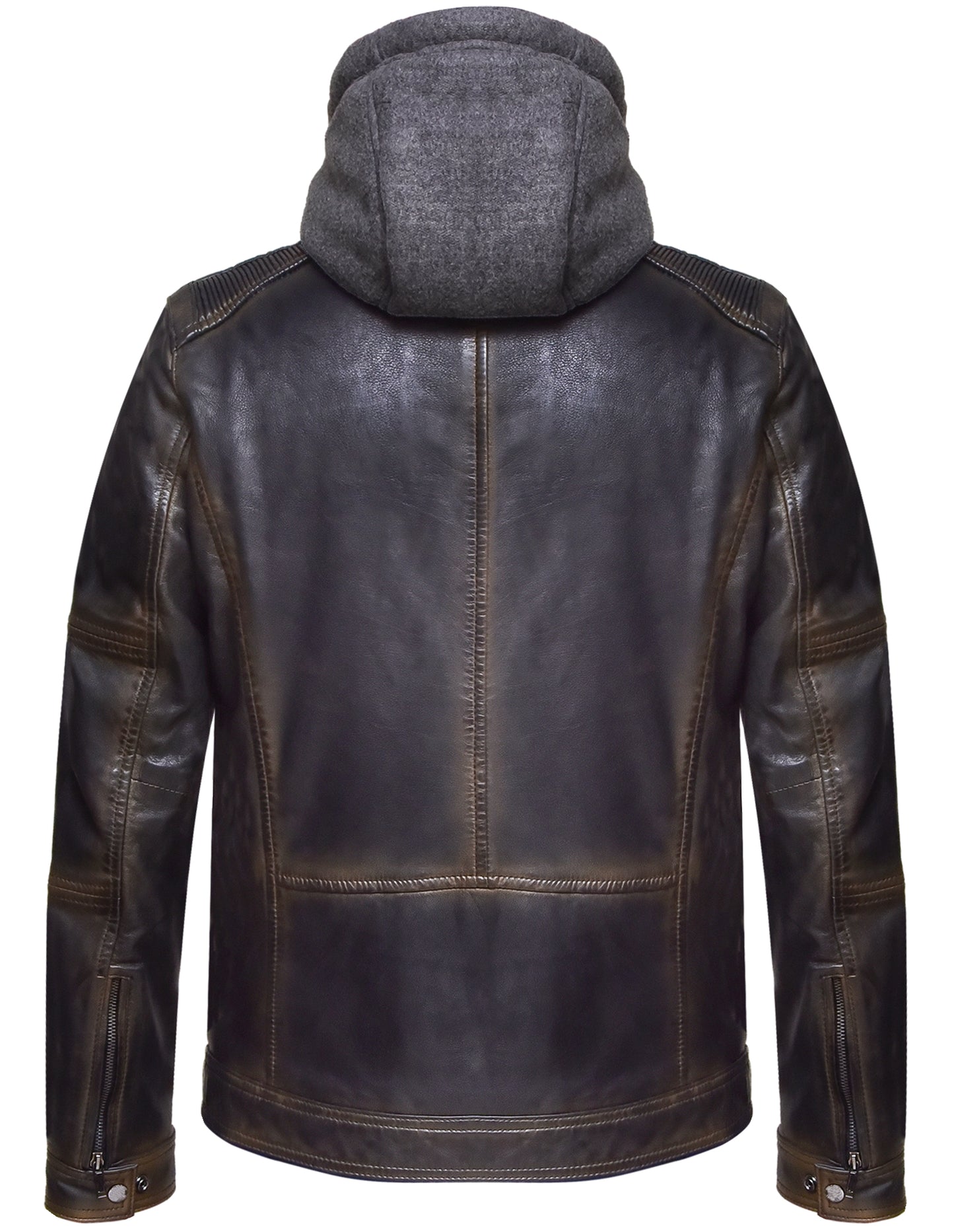 Men's Dark Brown Distressed Cowhide Leather Jacket with Removable Fleece Hoodie
