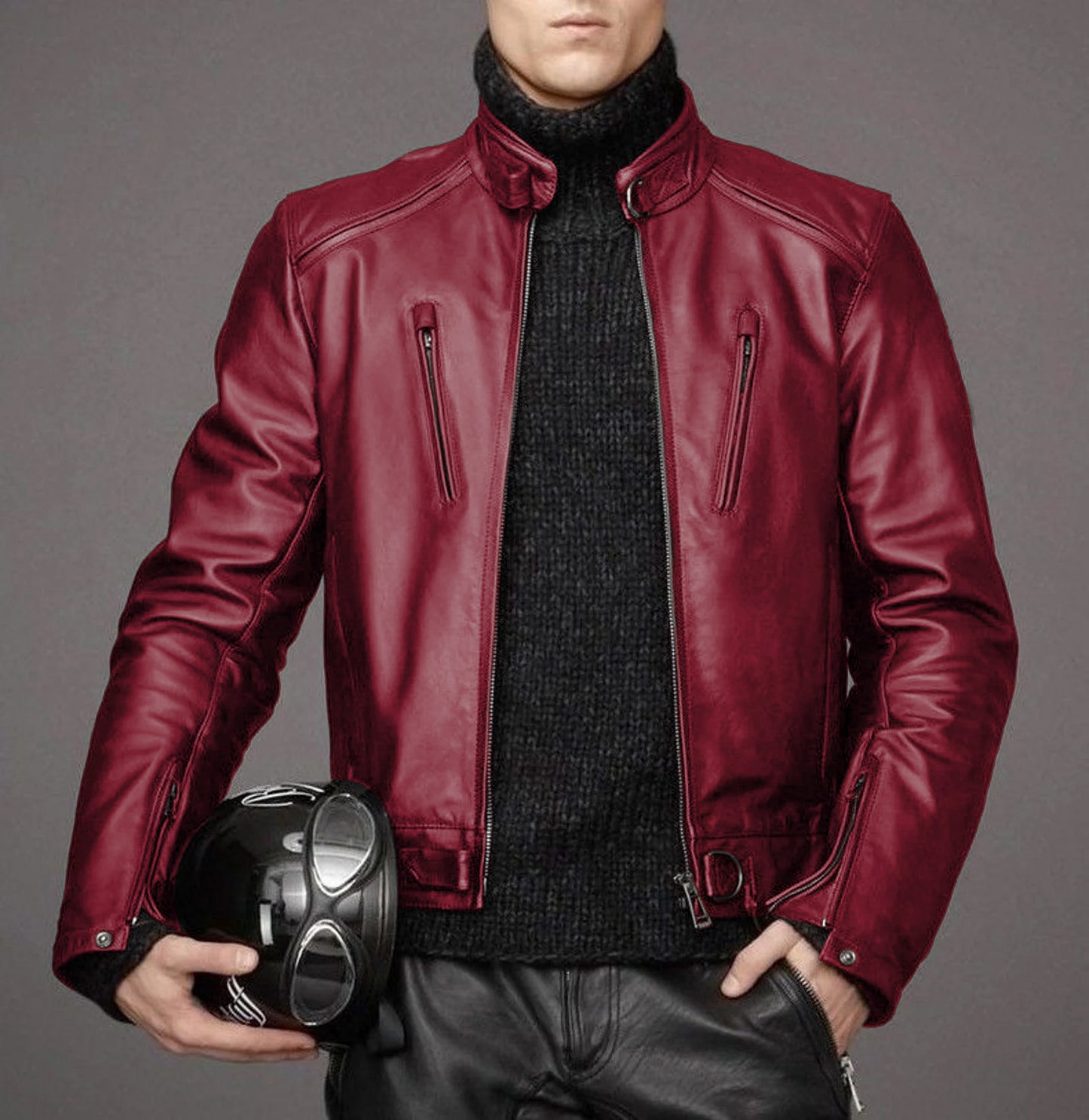 Men's lambskin leather black winter motorcycle jacket