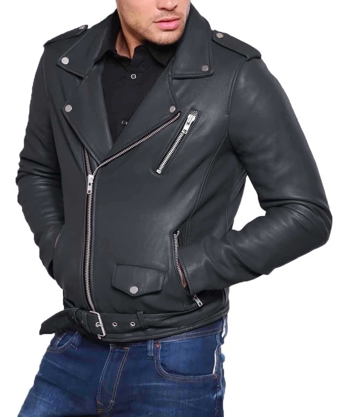 Leather Jacket | Men Grey Biker Jacket | Men Leather Jacket | Men Black Jacket