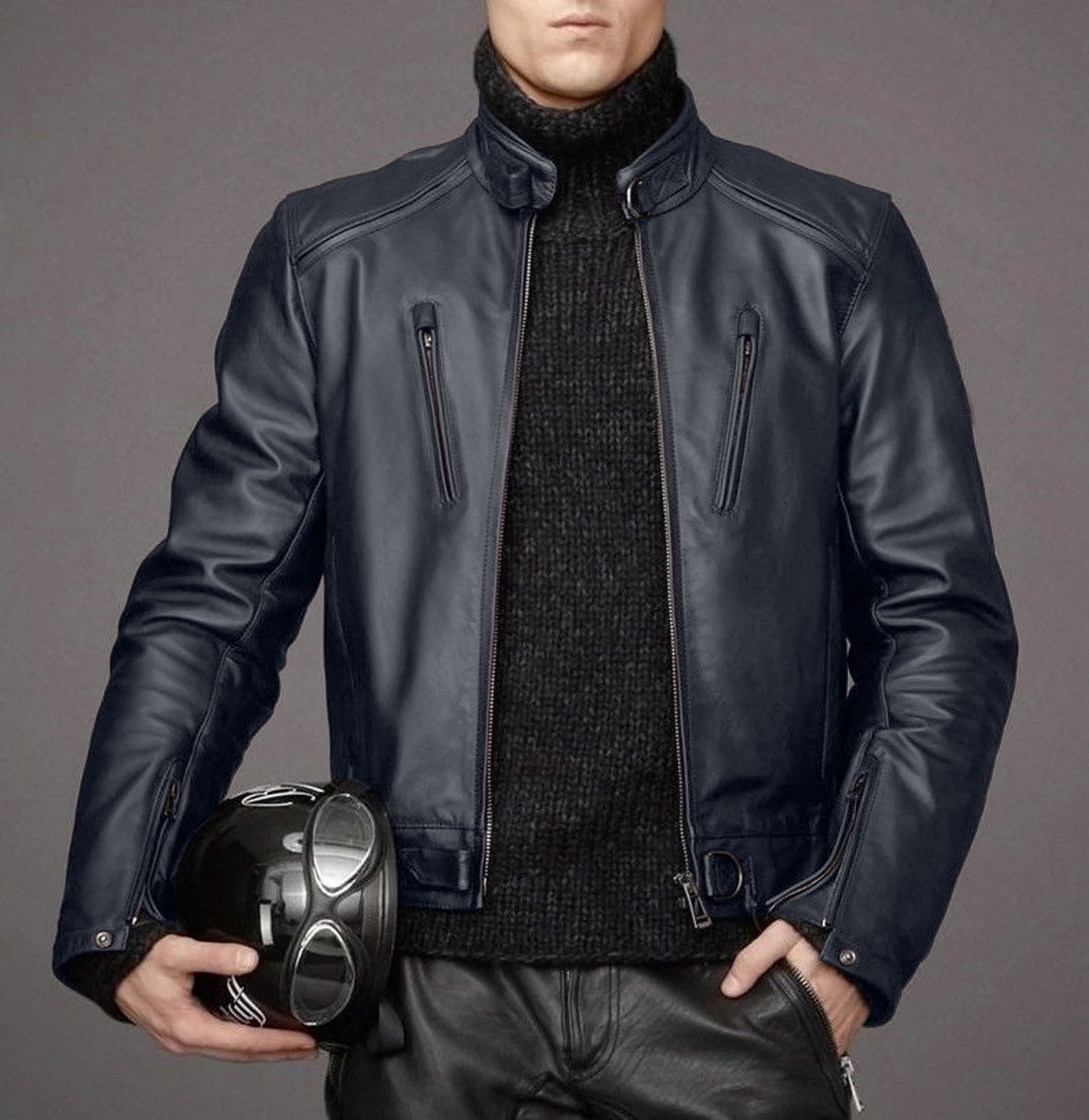 Men's lambskin leather black winter motorcycle jacket