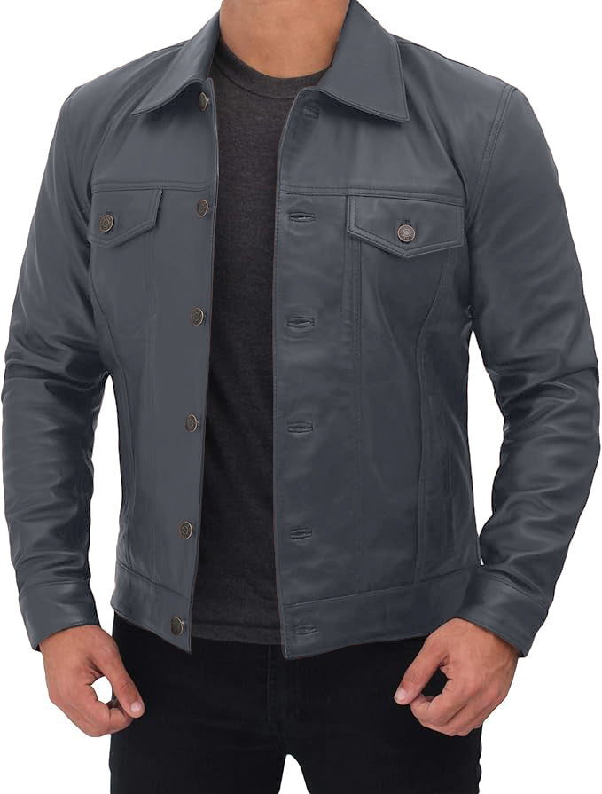 Men's Classic Trucker Jacket Black | Western Style Real Leather Jacket