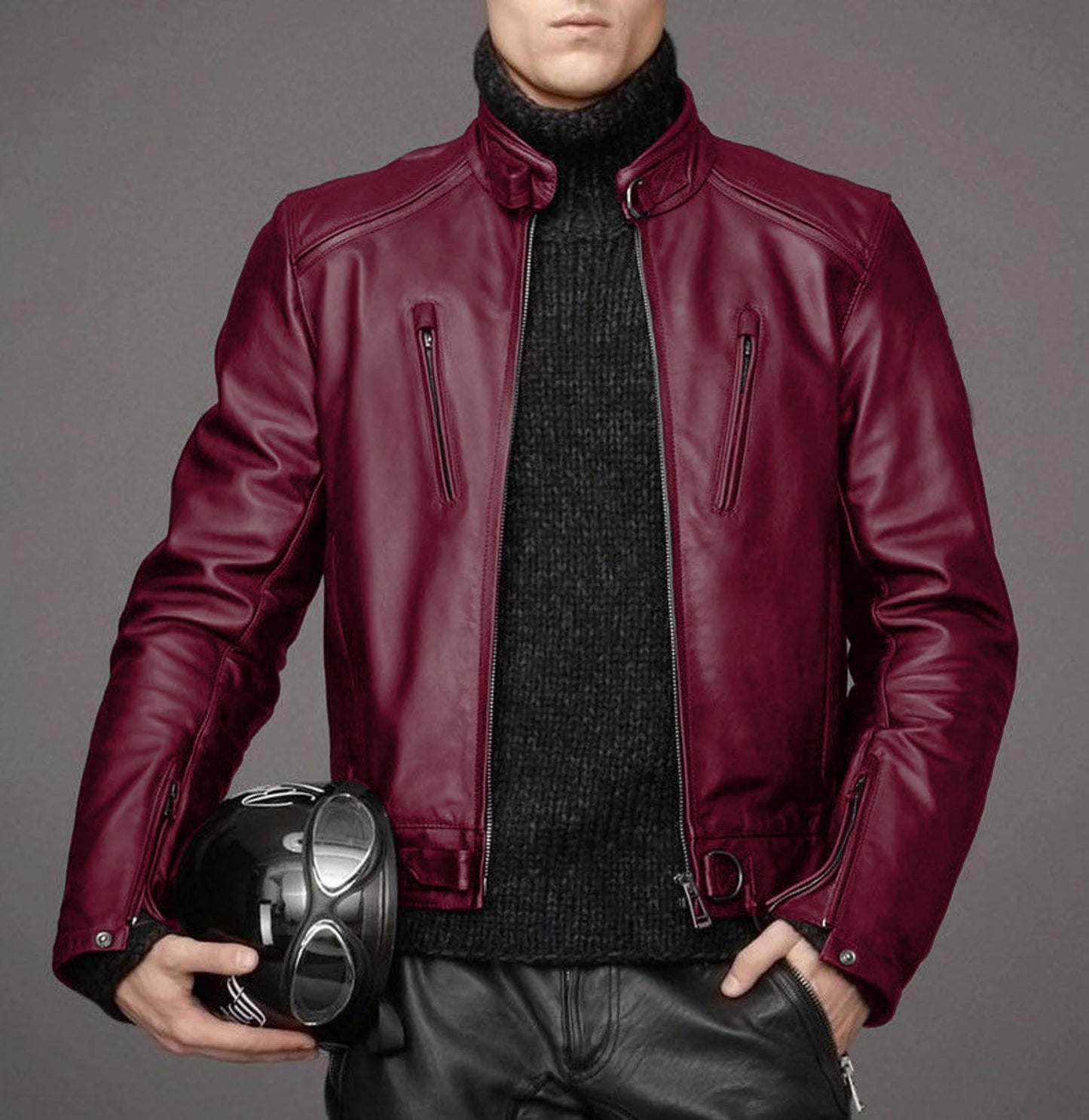 Men's lambskin leather black winter motorcycle jacket