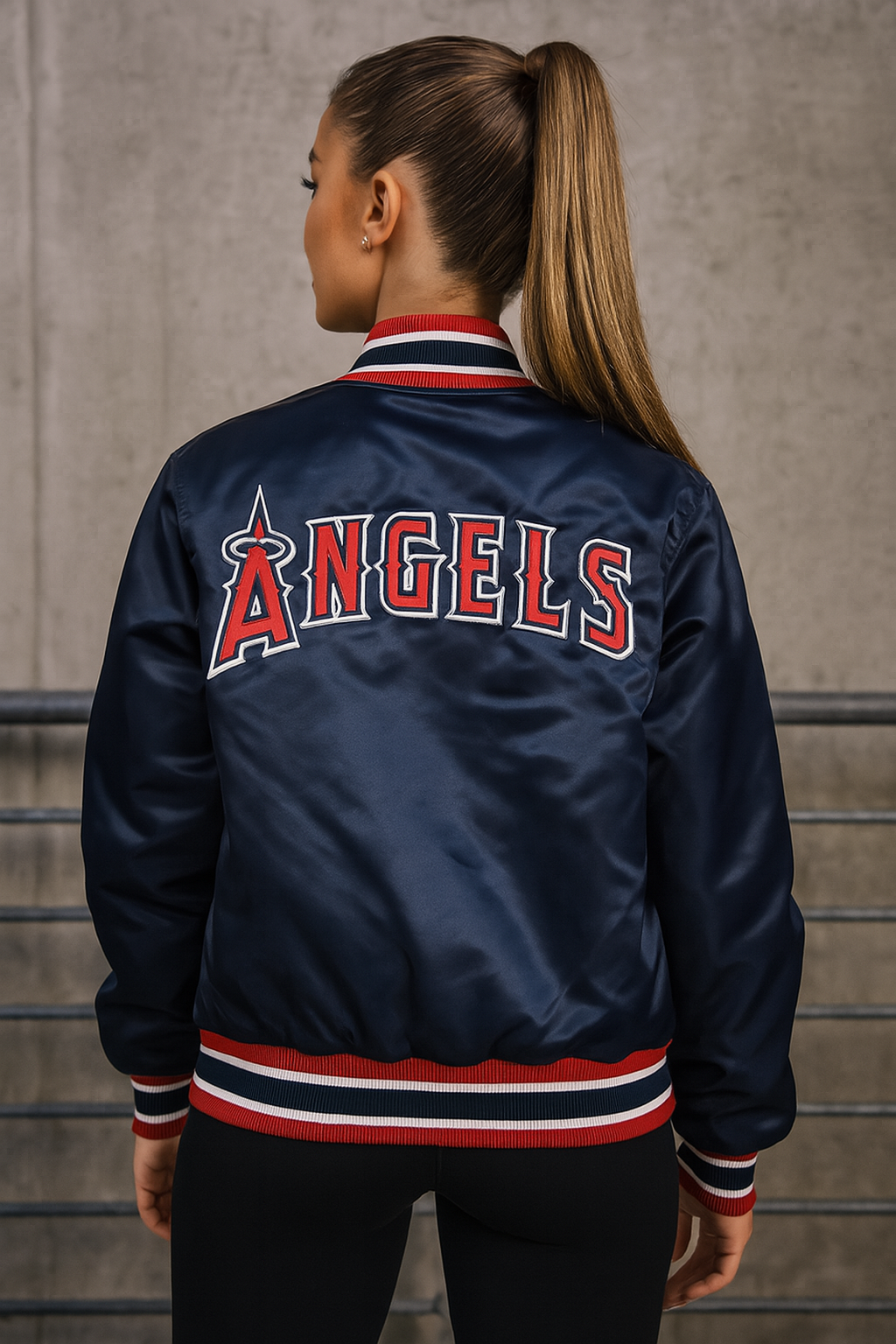 Los Angeles Angels Satin Bomber Jacket Navy Blue Varsity Baseball Jacket