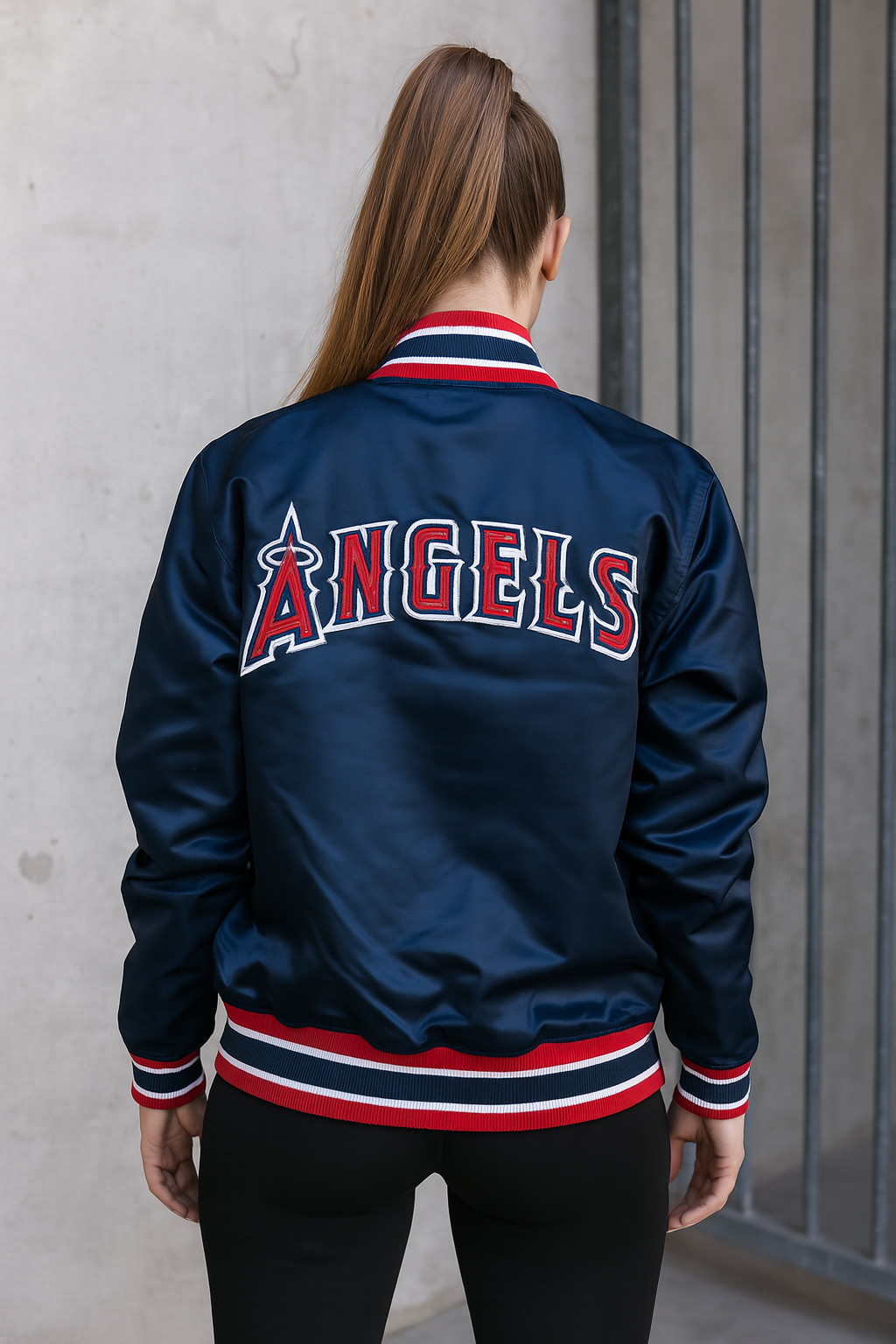 Los Angeles Angels Satin Bomber Jacket Navy Blue Varsity Baseball Jacket