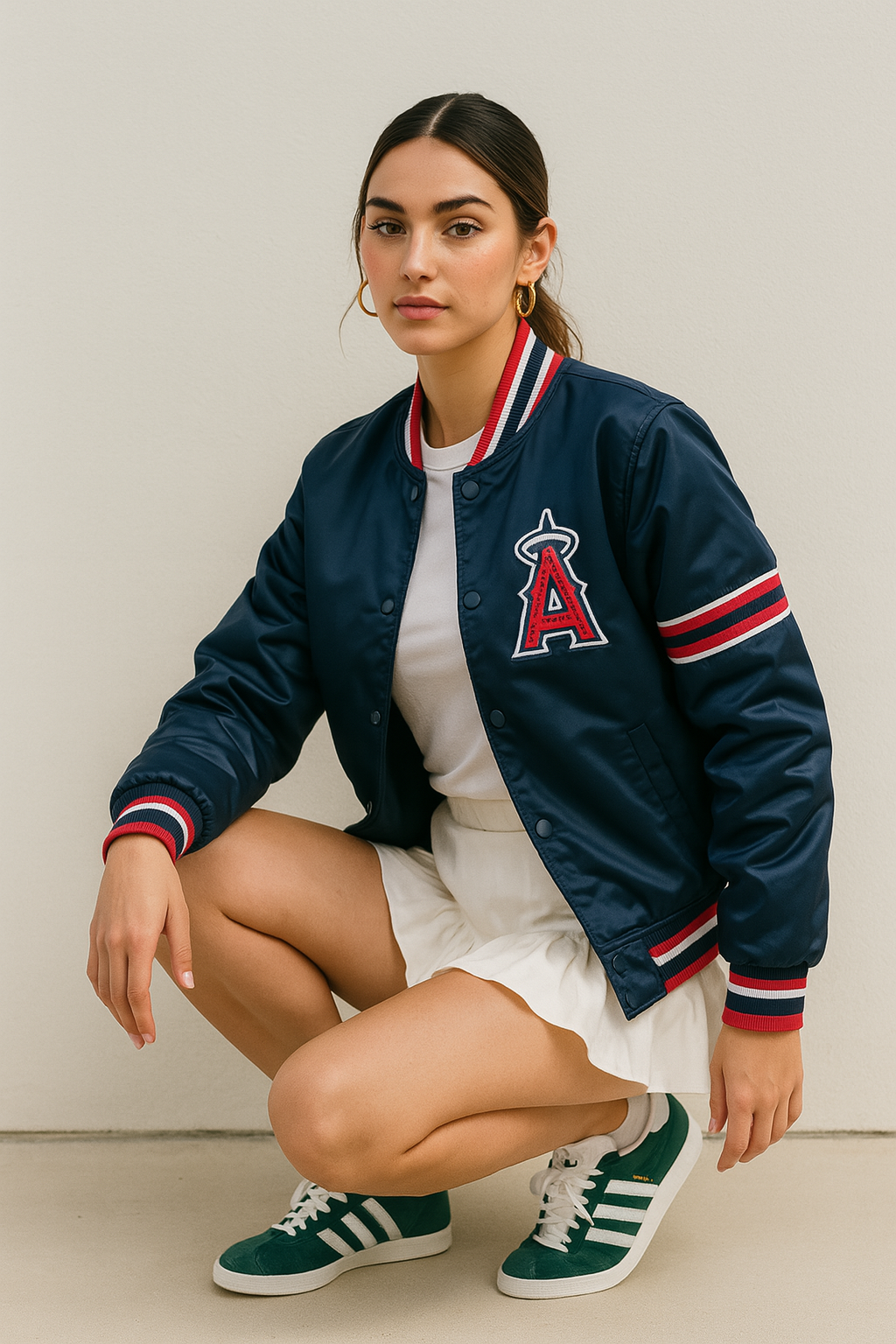Los Angeles Angels Satin Bomber Jacket Navy Blue Varsity Baseball Jacket