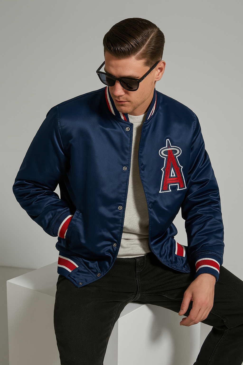 Los Angeles Angels Satin Bomber Jacket Navy Blue Varsity Baseball Jacket