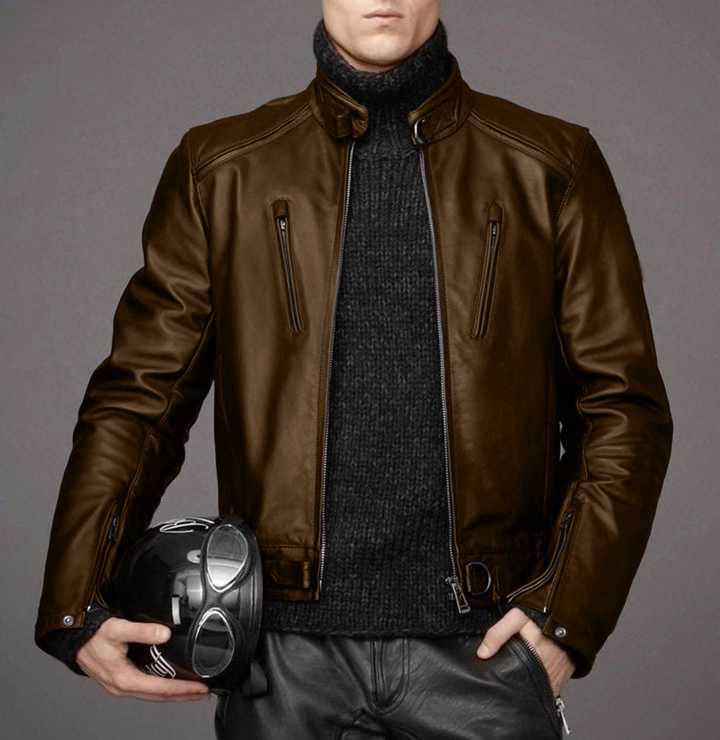 Men's lambskin leather black winter motorcycle jacket