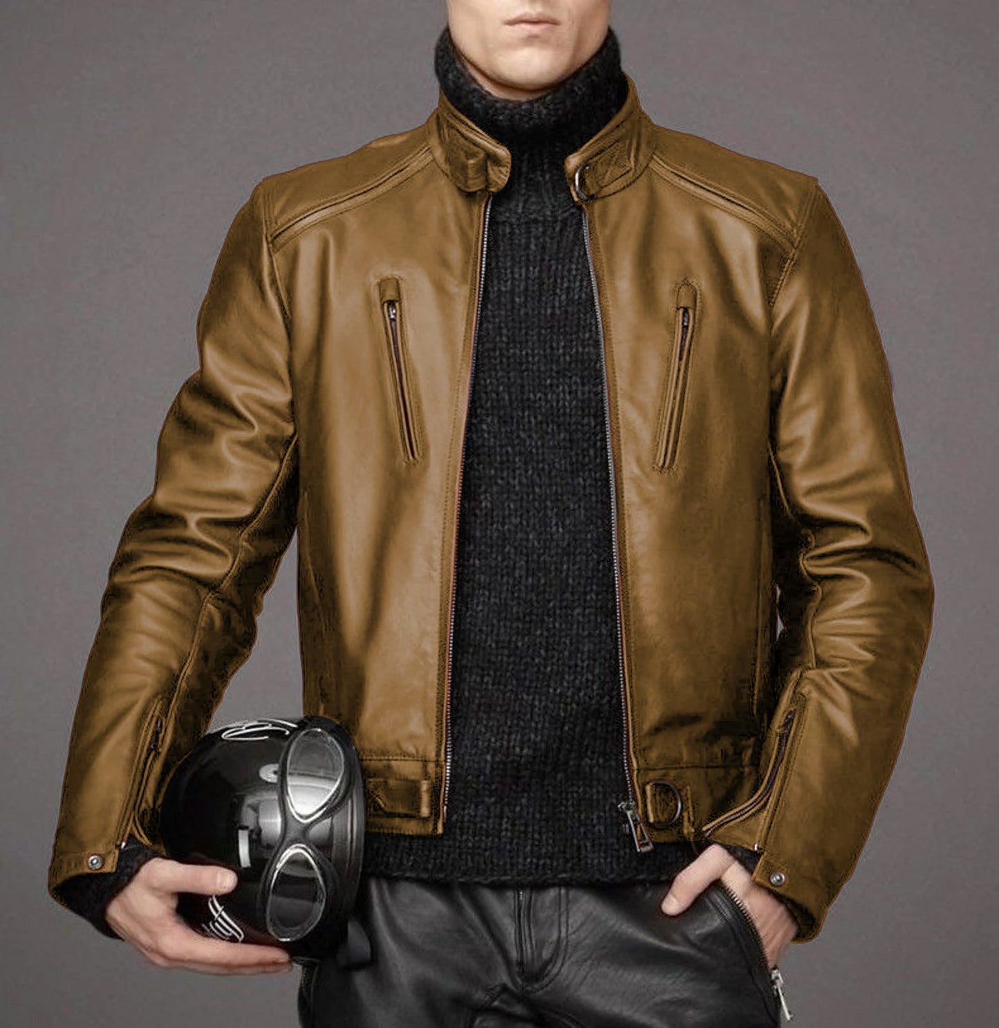 Men's lambskin leather black winter motorcycle jacket