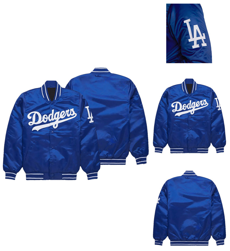 LA Dodgers Blue Satin Striped Knit Varsity Bomber Jacket Baseball Letterman