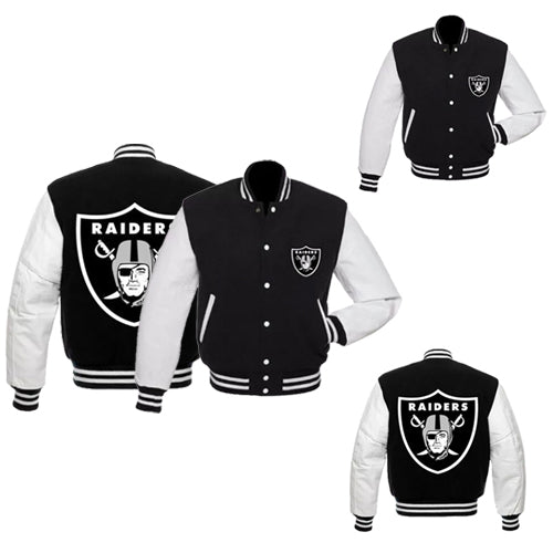 Las Vegas Raiders Varsity Jacket Black Wool White Leather Vintage Logo Letterman