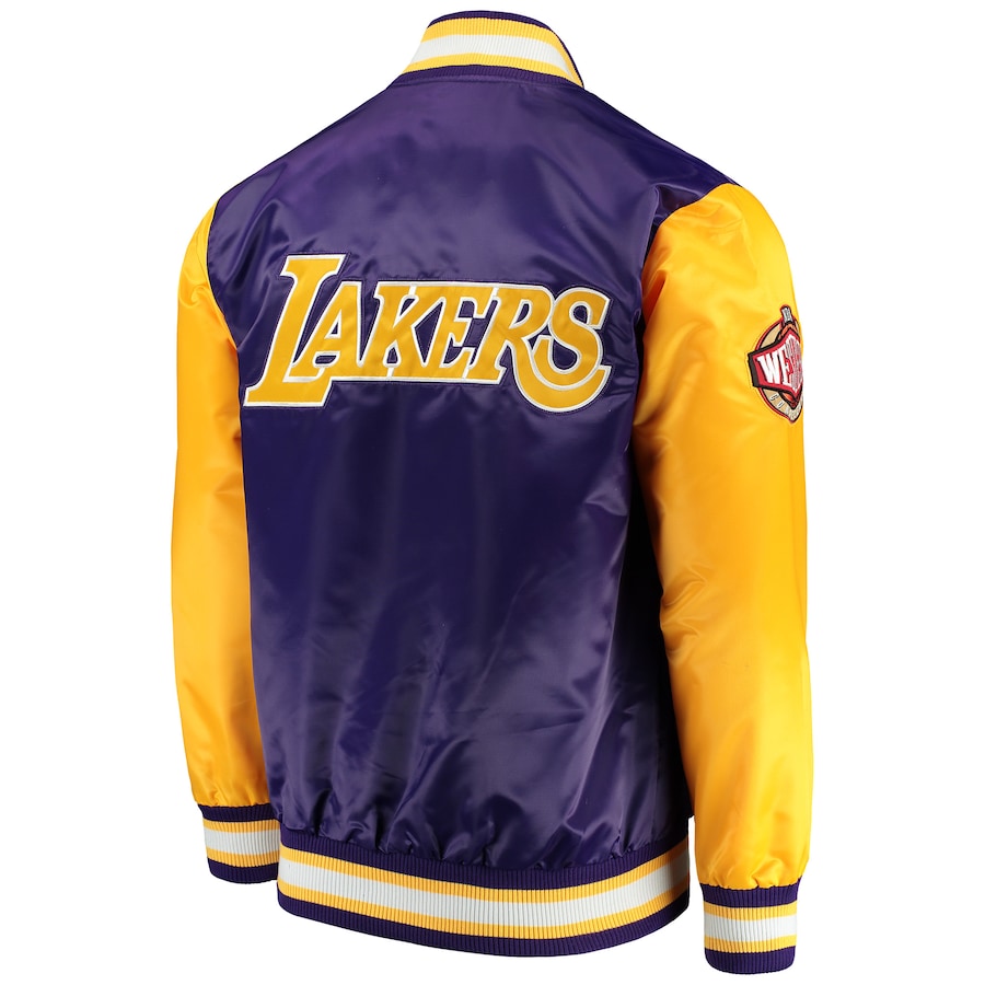 Los Angeles Lakers Rookie Jacket Blue Satin Yellow Sleeves Full Snap Varsity Jacket