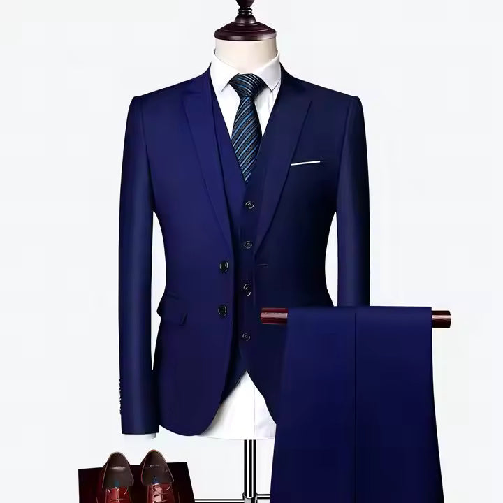 Men’s 3-Piece Premium Cotton Blend Suit, with Classic Two-Button Front Jacket, Waistcoat & Trousers