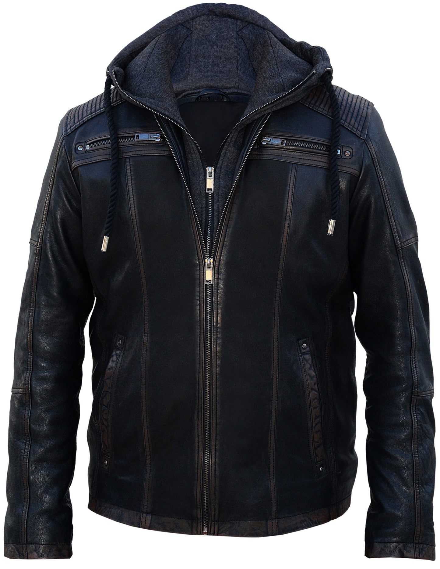 Men's Black Distressed Cowhide Leather Jacket with Removable Fleece Hoodie