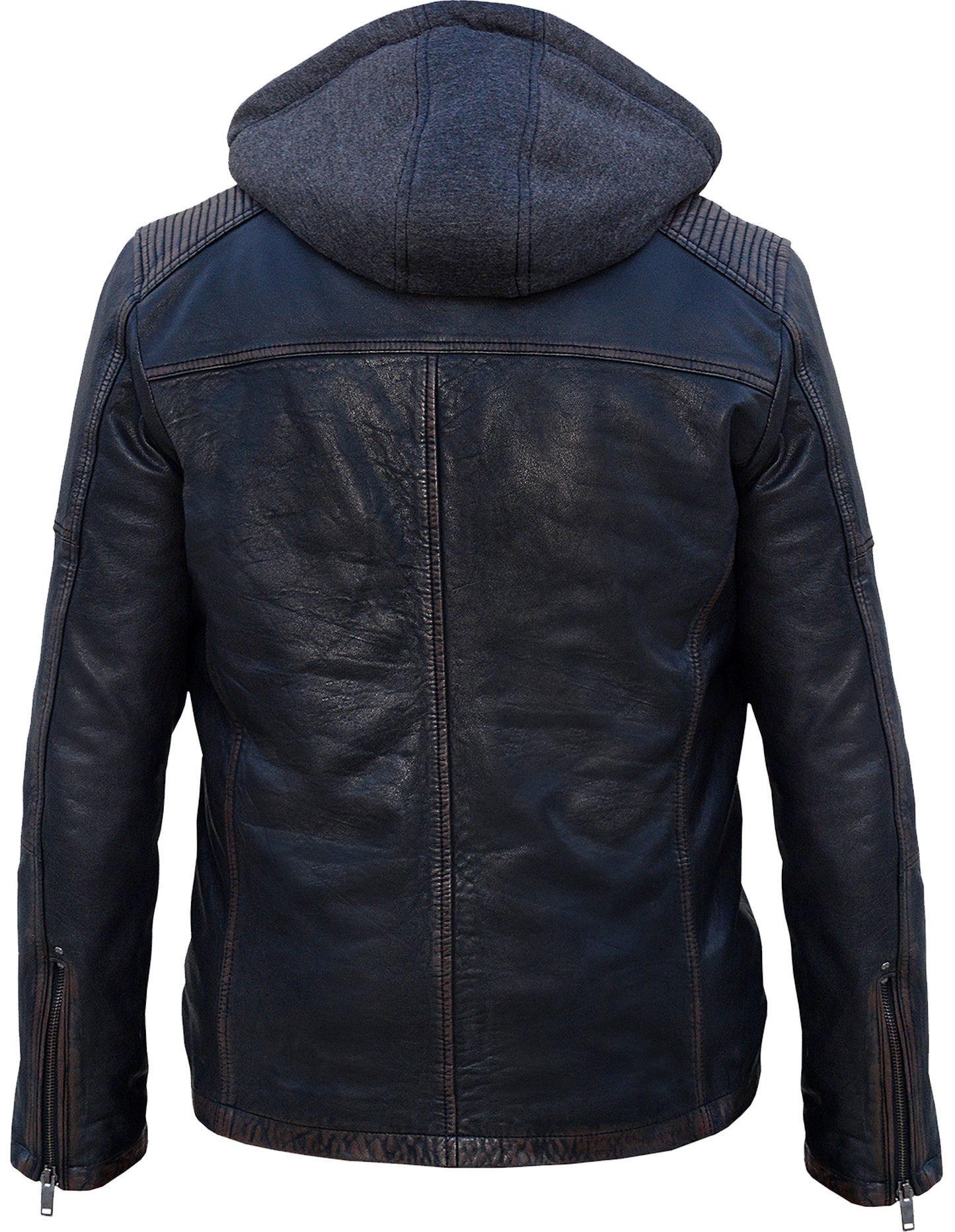 Men's Black Distressed Cowhide Leather Jacket with Removable Fleece Hoodie