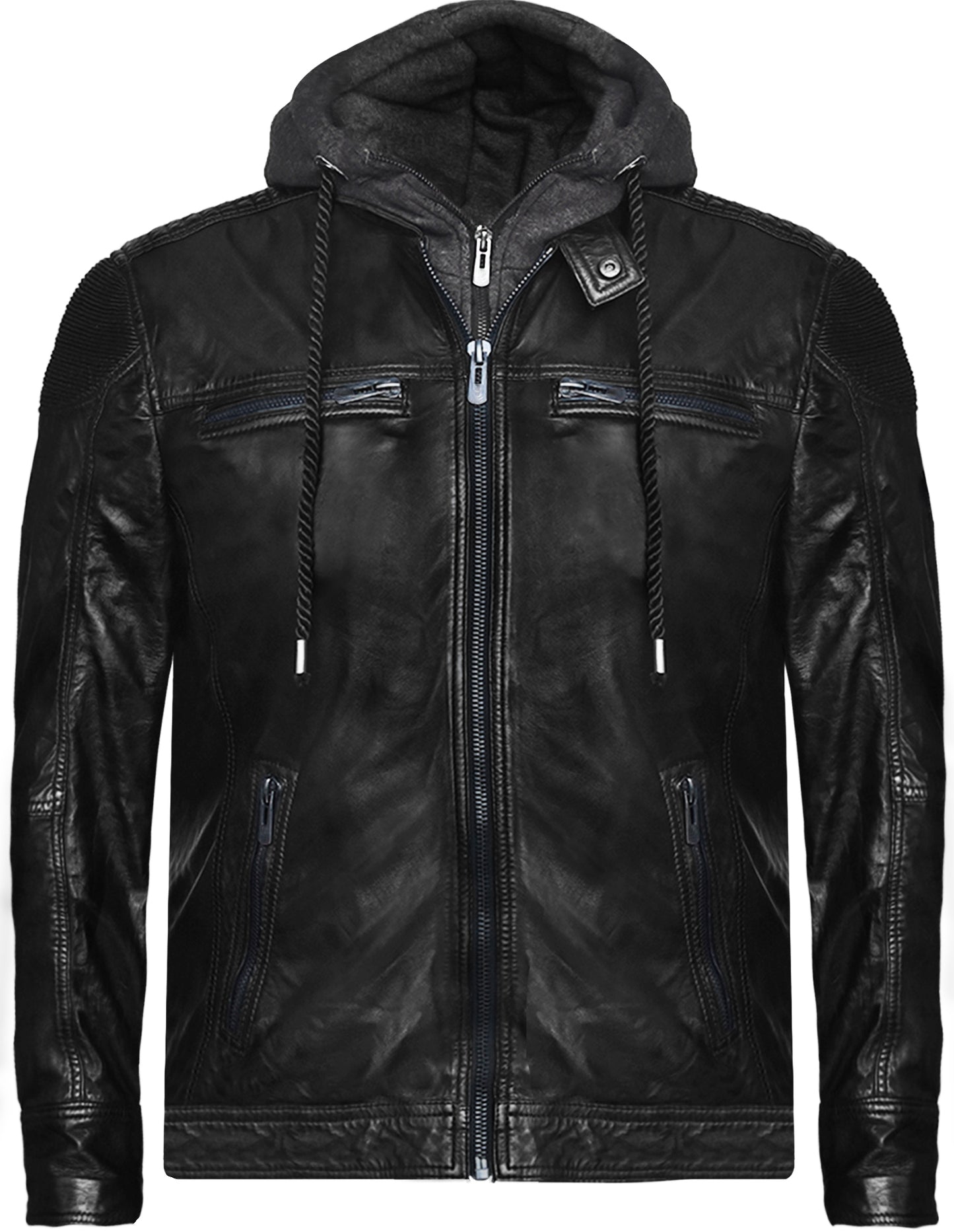 Men's Black Leather Jacket with Removable Fleece Hoodie