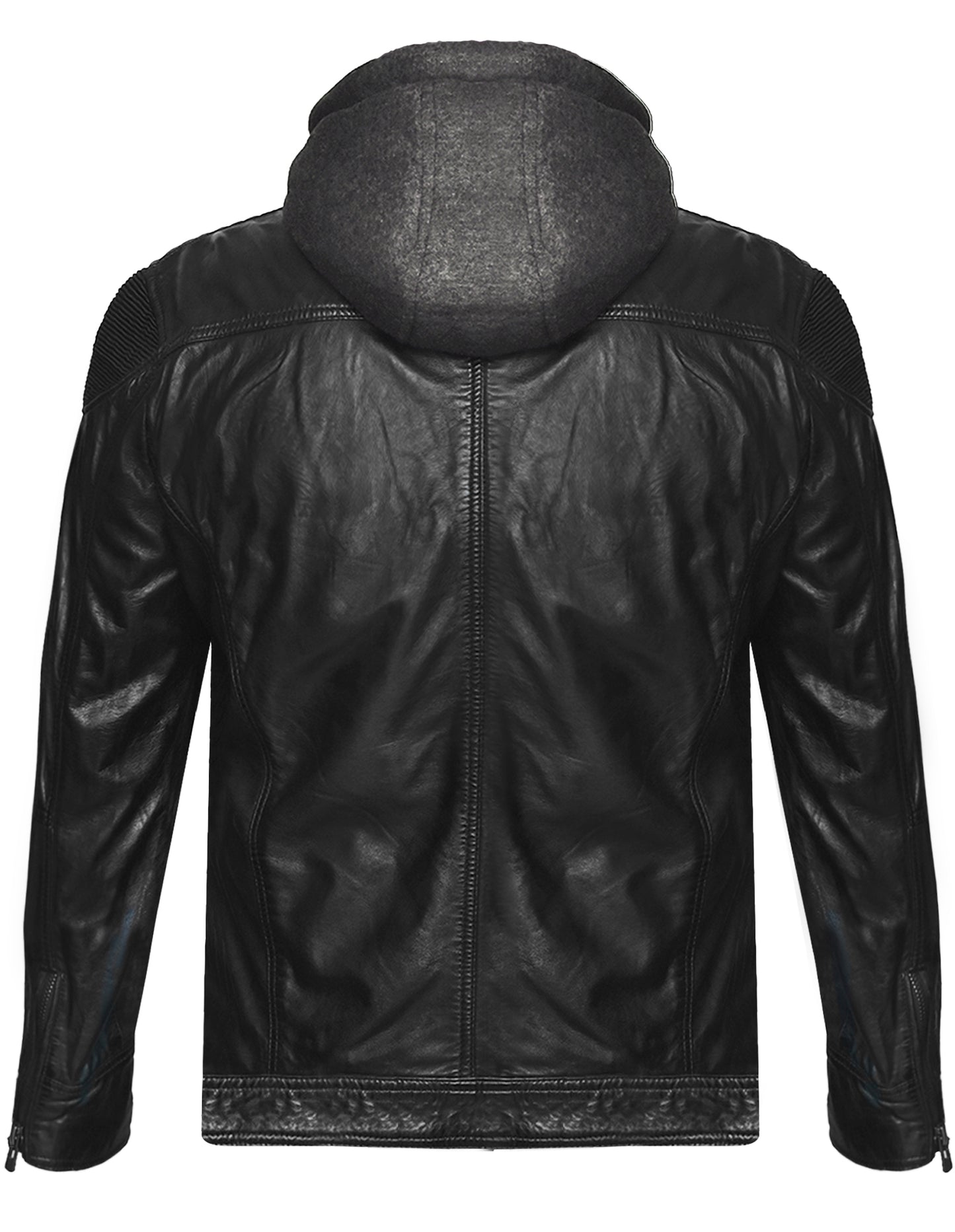 Men's Black Leather Jacket with Removable Fleece Hoodie