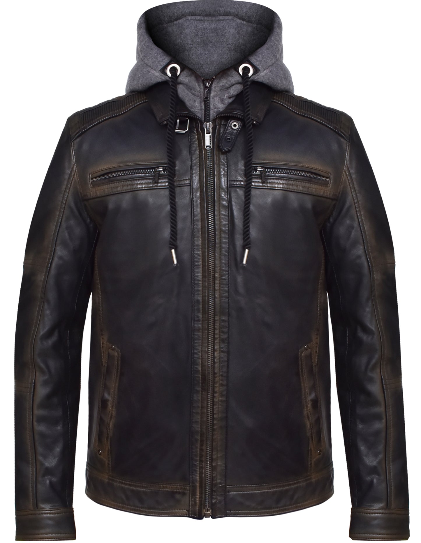Men's Dark Brown Distressed Cowhide Leather Jacket with Removable Fleece Hoodie