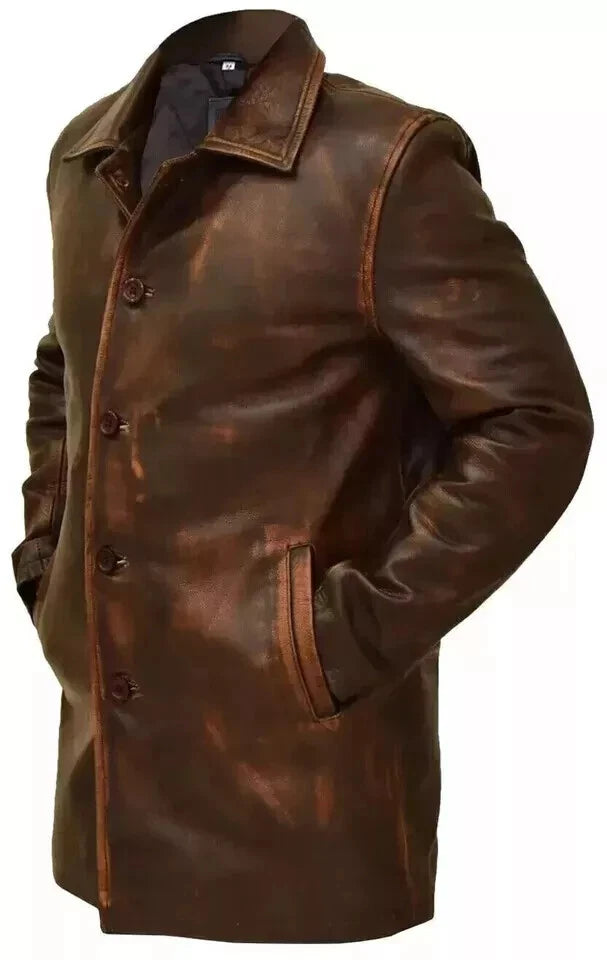 Men’s Distressed Brown Genuine Sheep Leather Trench Coat