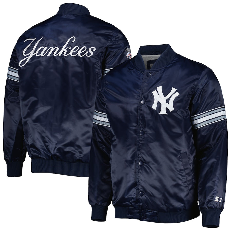 Starter New York Yankees Navy Satin Varsity Jacket Pick and Roll Full Snap Letterman