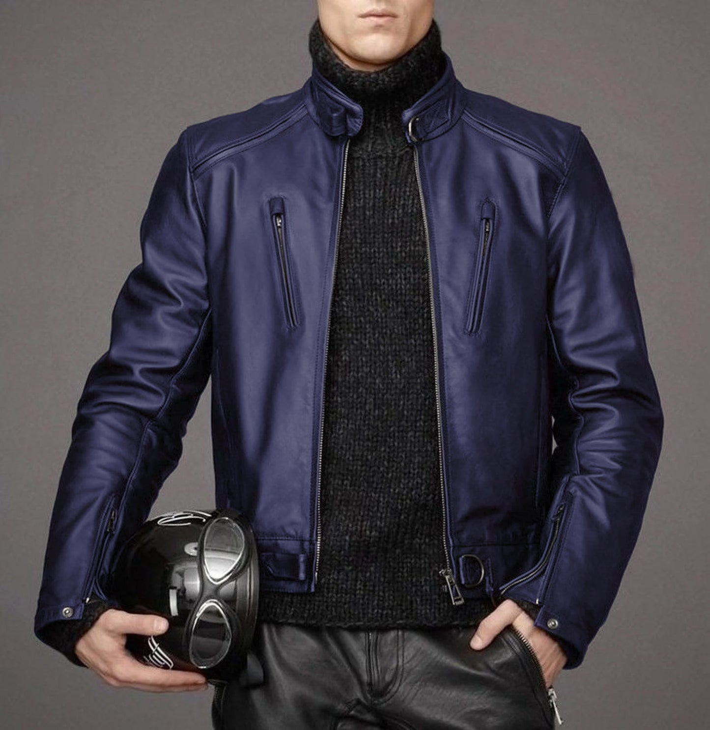 Men's lambskin leather black winter motorcycle jacket