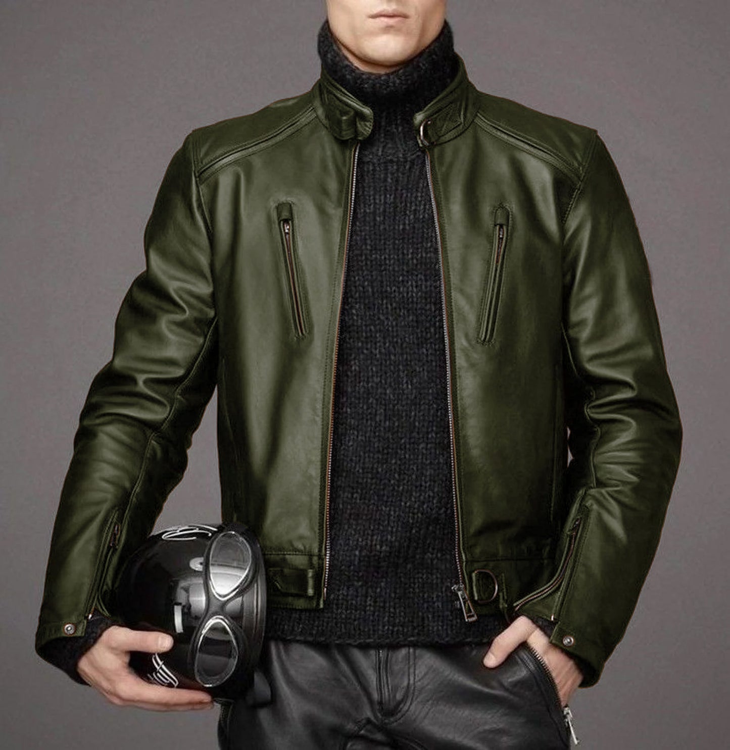 Men's lambskin leather black winter motorcycle jacket
