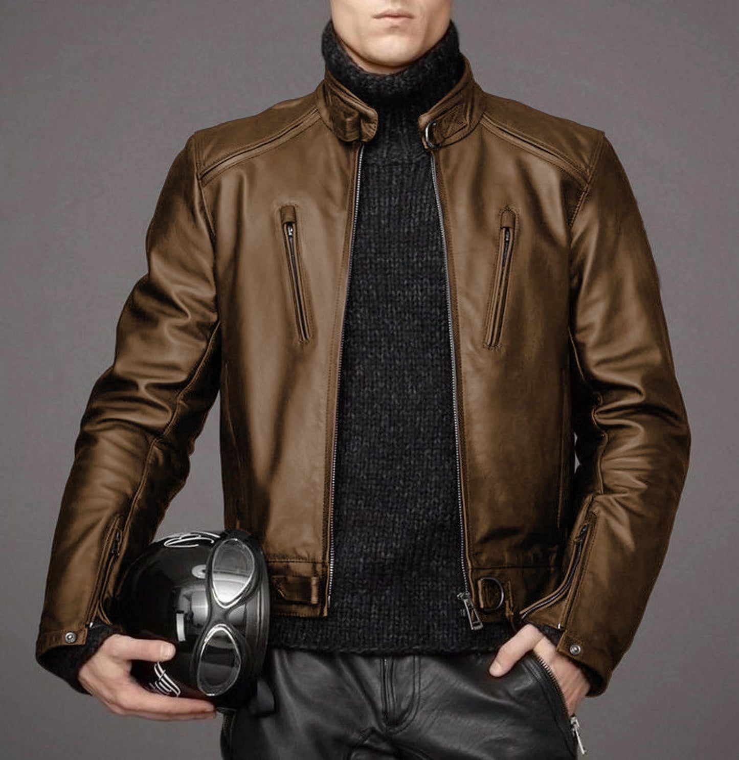 Men's lambskin leather black winter motorcycle jacket