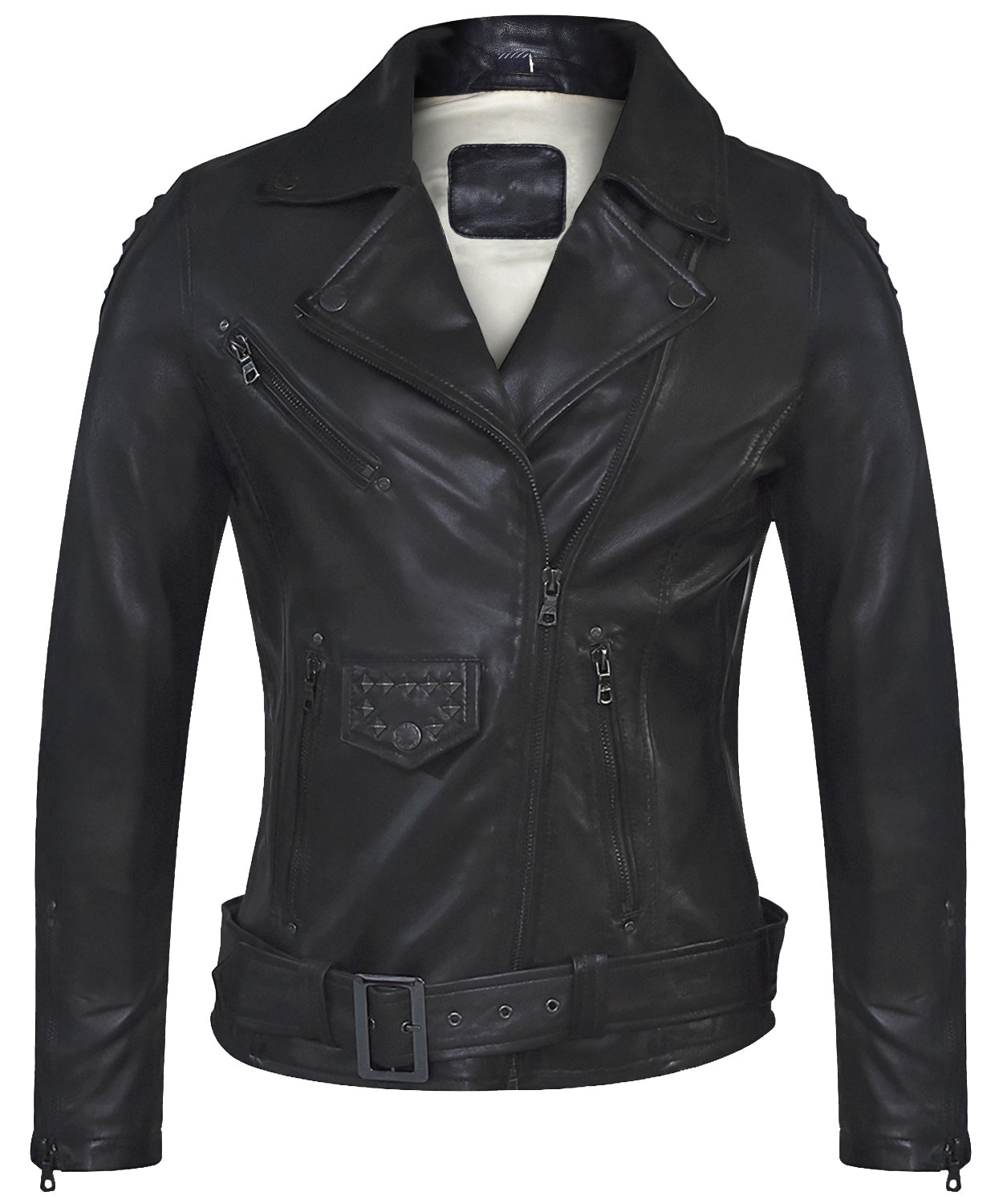 Women's Black Lambskin Biker Jacket – Studded Detailing