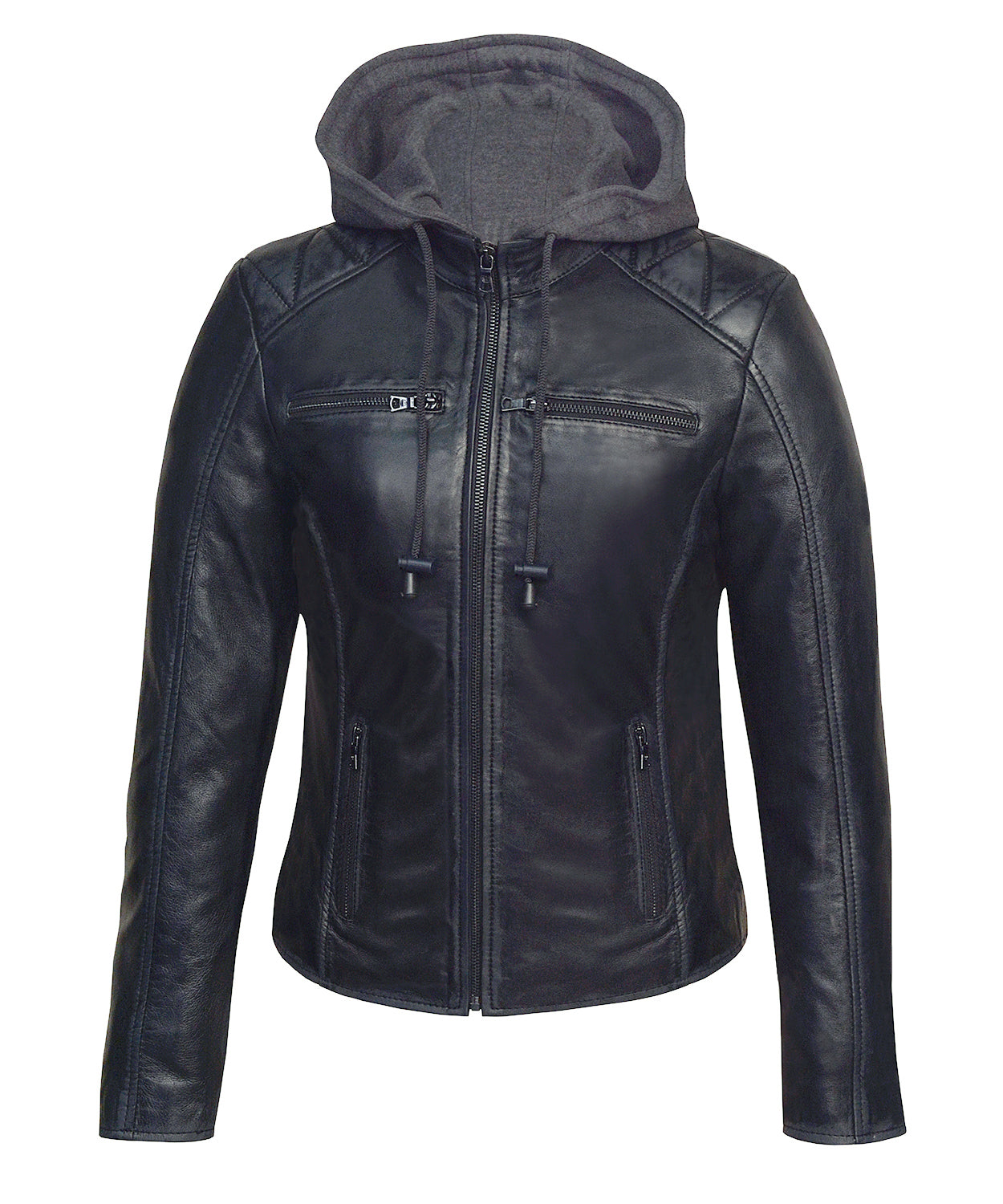 Women's Black Lambskin Jacket with Removable Grey Fleece Hoodie – Moto-Inspired,