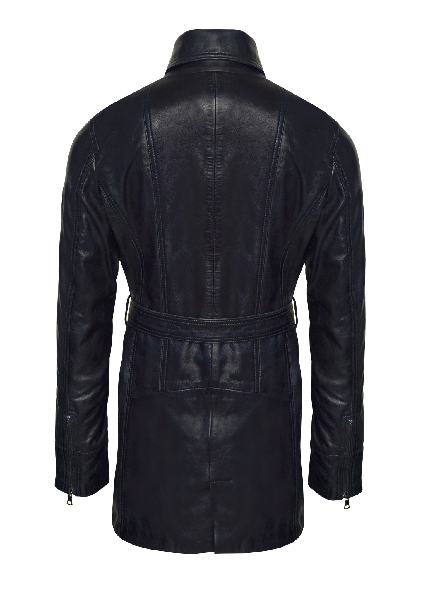 Women's Black Mid-Length Lambskin Leather Coat – Belted Waist, Hand-Waxed Finish