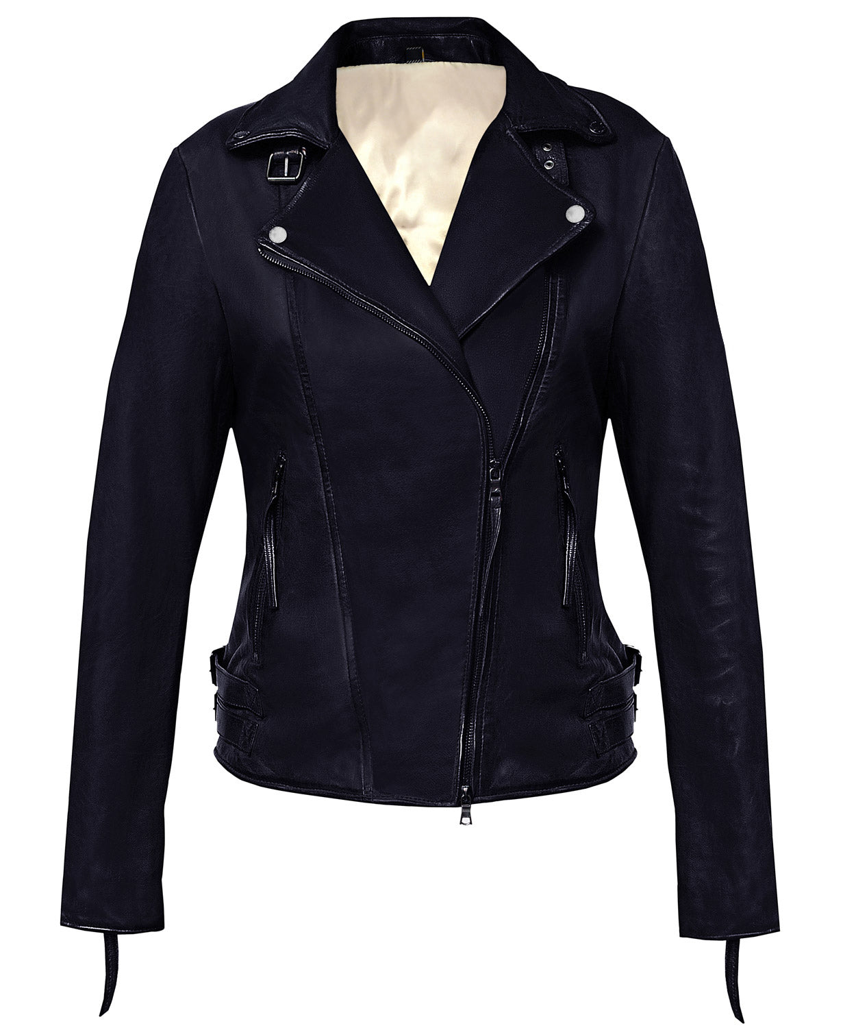 Women's Black Sheepskin Asymmetrical Biker Jacket – Hand-Waxed Moto Design, Adjustable Fit, Premium Craftsmanship