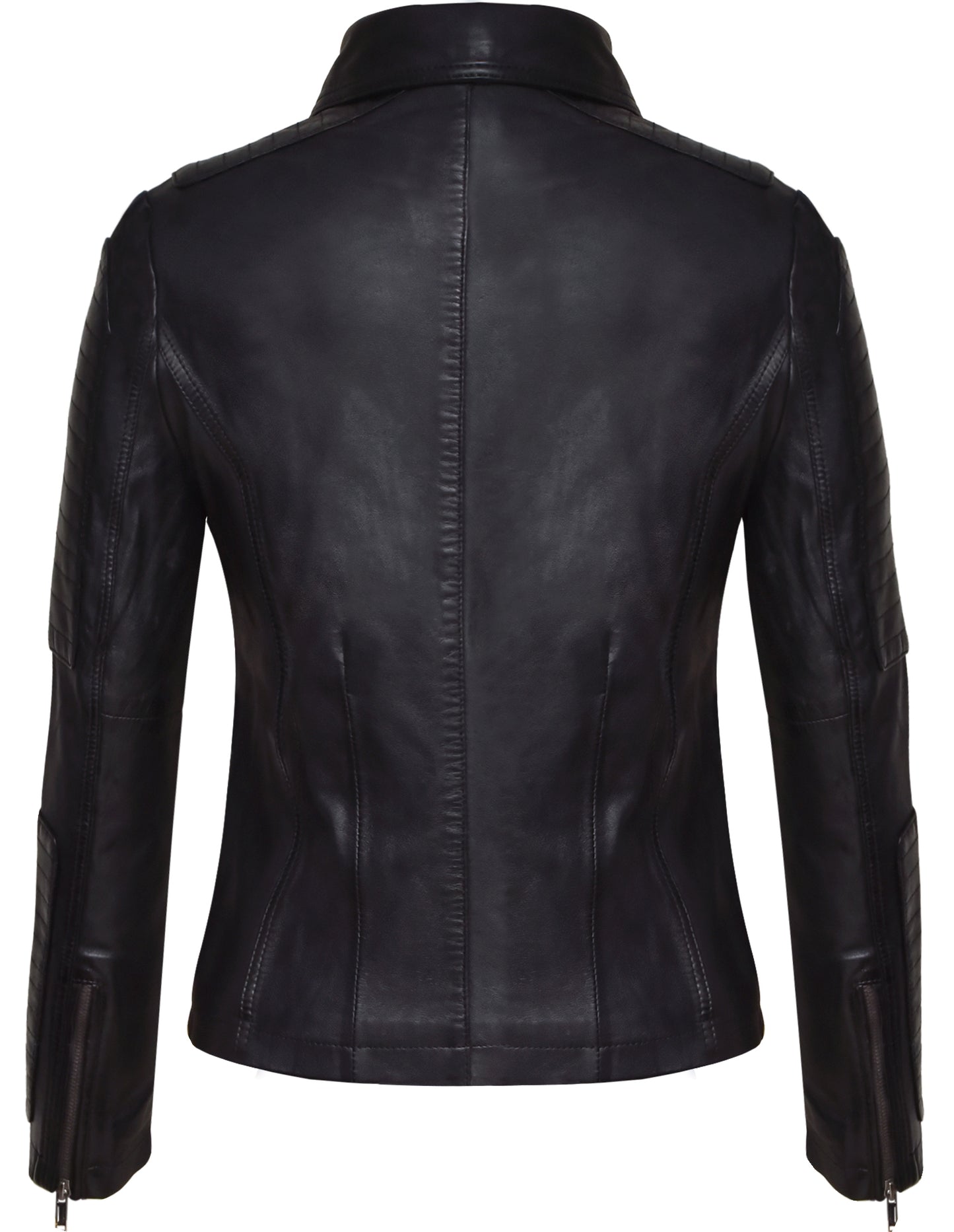 Women's Black Sheepskin Biker Jacket – Asymmetrical Zipper, Quilted Panels, Hand-Waxed Moto Design