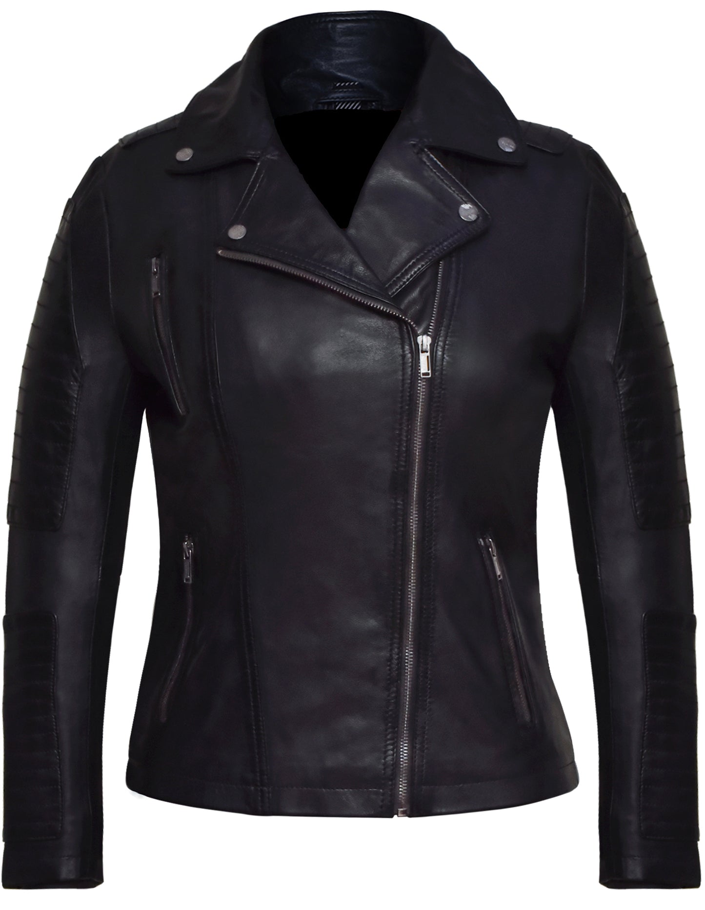Women's Black Sheepskin Biker Jacket – Asymmetrical Zipper, Quilted Panels, Hand-Waxed Moto Design
