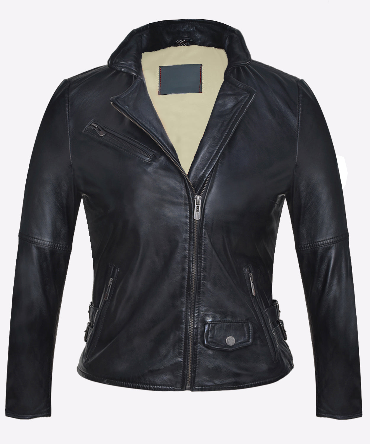 Women's Black Sheepskin Biker Jacket – Diamond Quilted Back, Adjustable Waist Straps