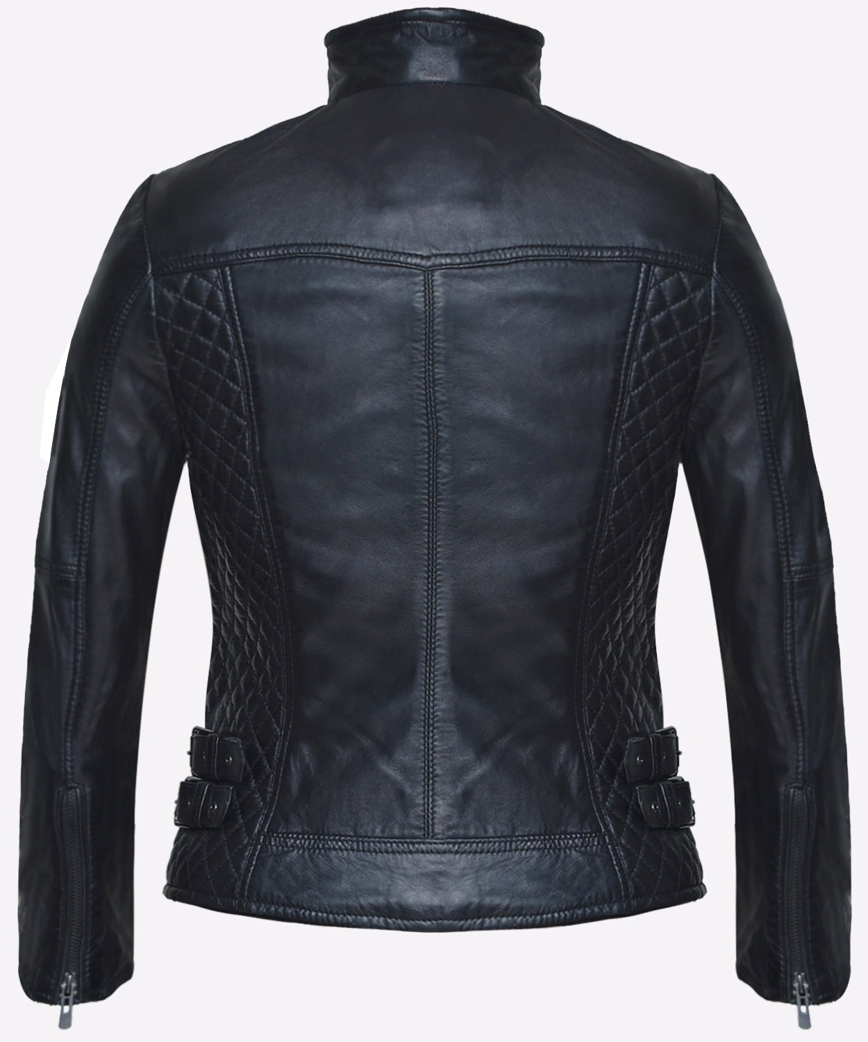 Women's Black Sheepskin Biker Jacket – Diamond Quilted Back, Adjustable Waist Straps