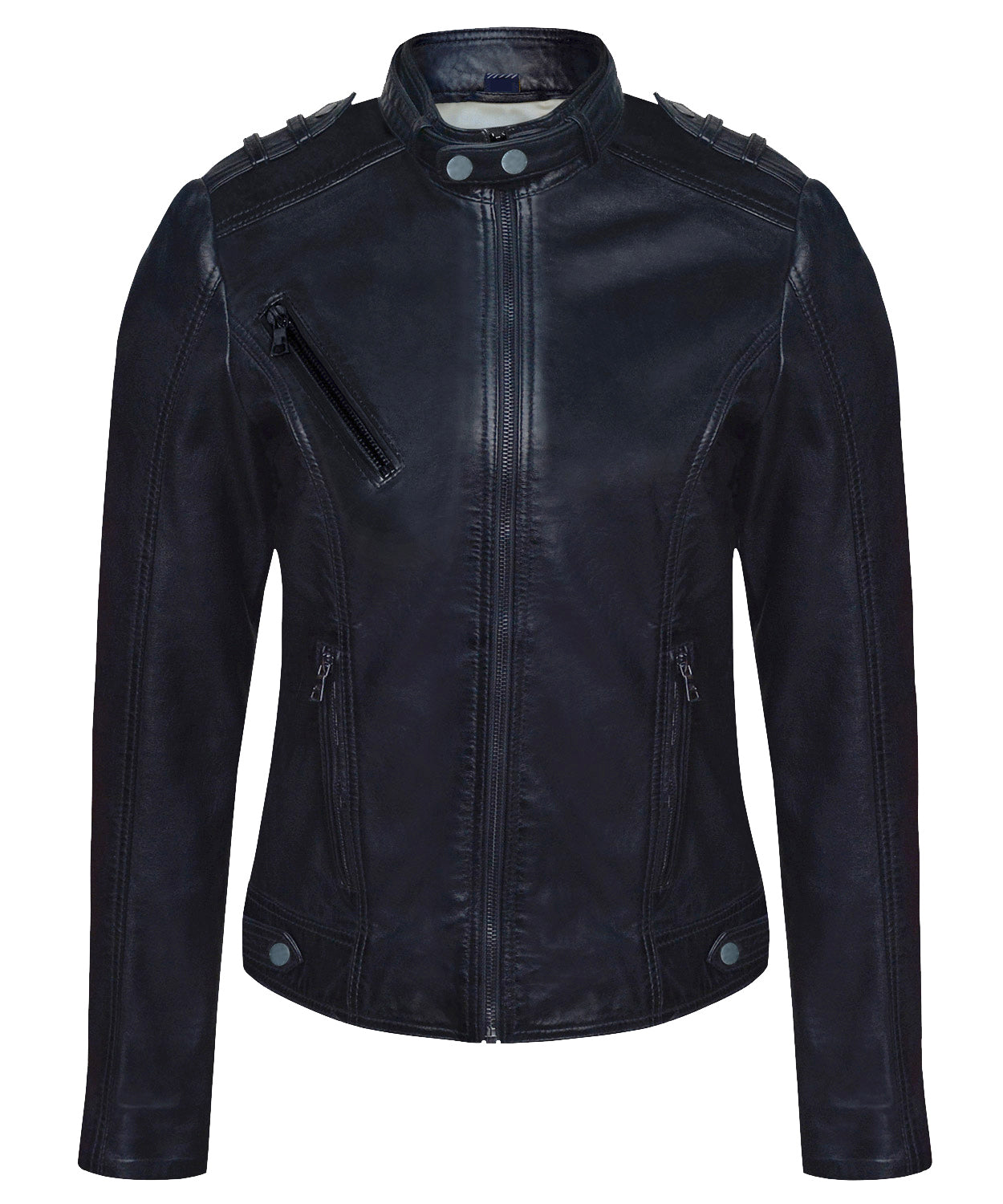 Women's Black Sheepskin Café Racer Jacket – Moto-Inspired, Hand-Waxed Finish