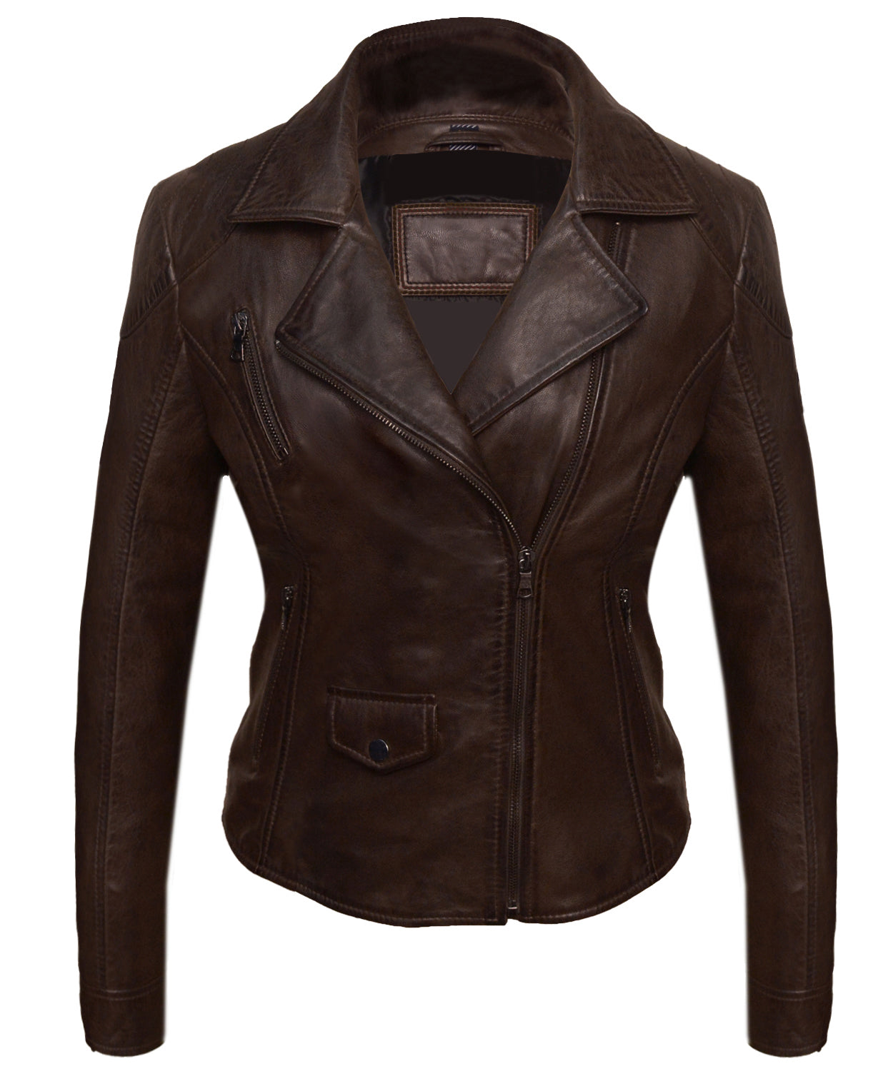 Women's Brown Sheepskin Biker Jacket – Multi-Pocket Design