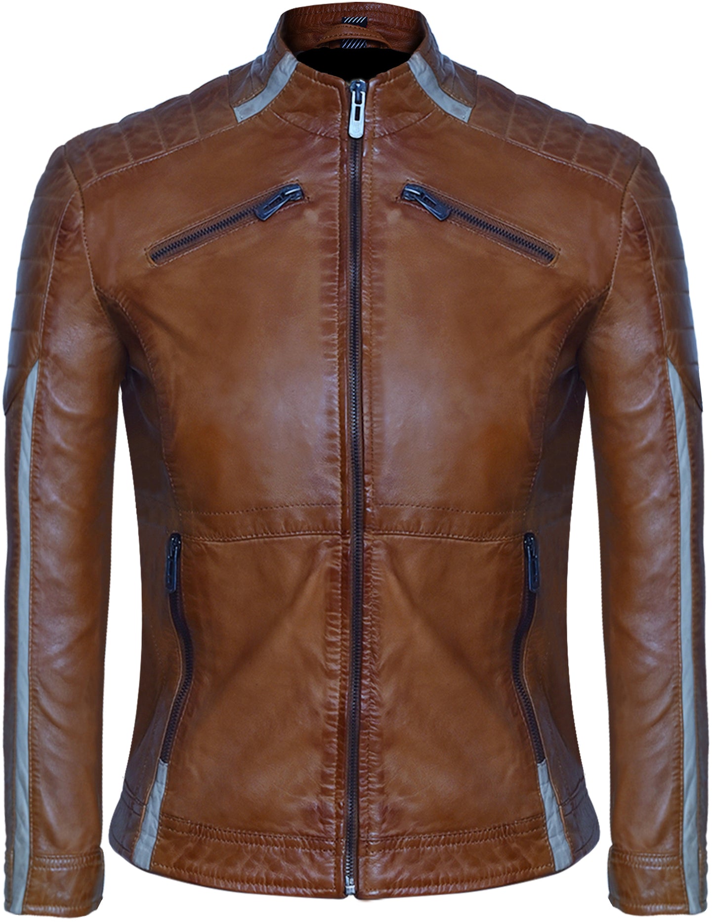 Women's Brown Sheepskin Café Racer Jacket – White Stripe Accents