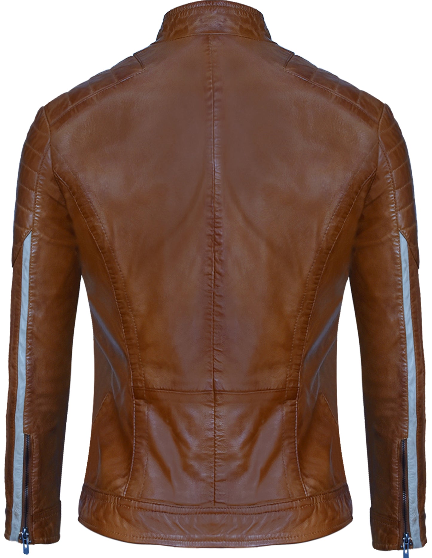 Women's Brown Sheepskin Café Racer Jacket – White Stripe Accents