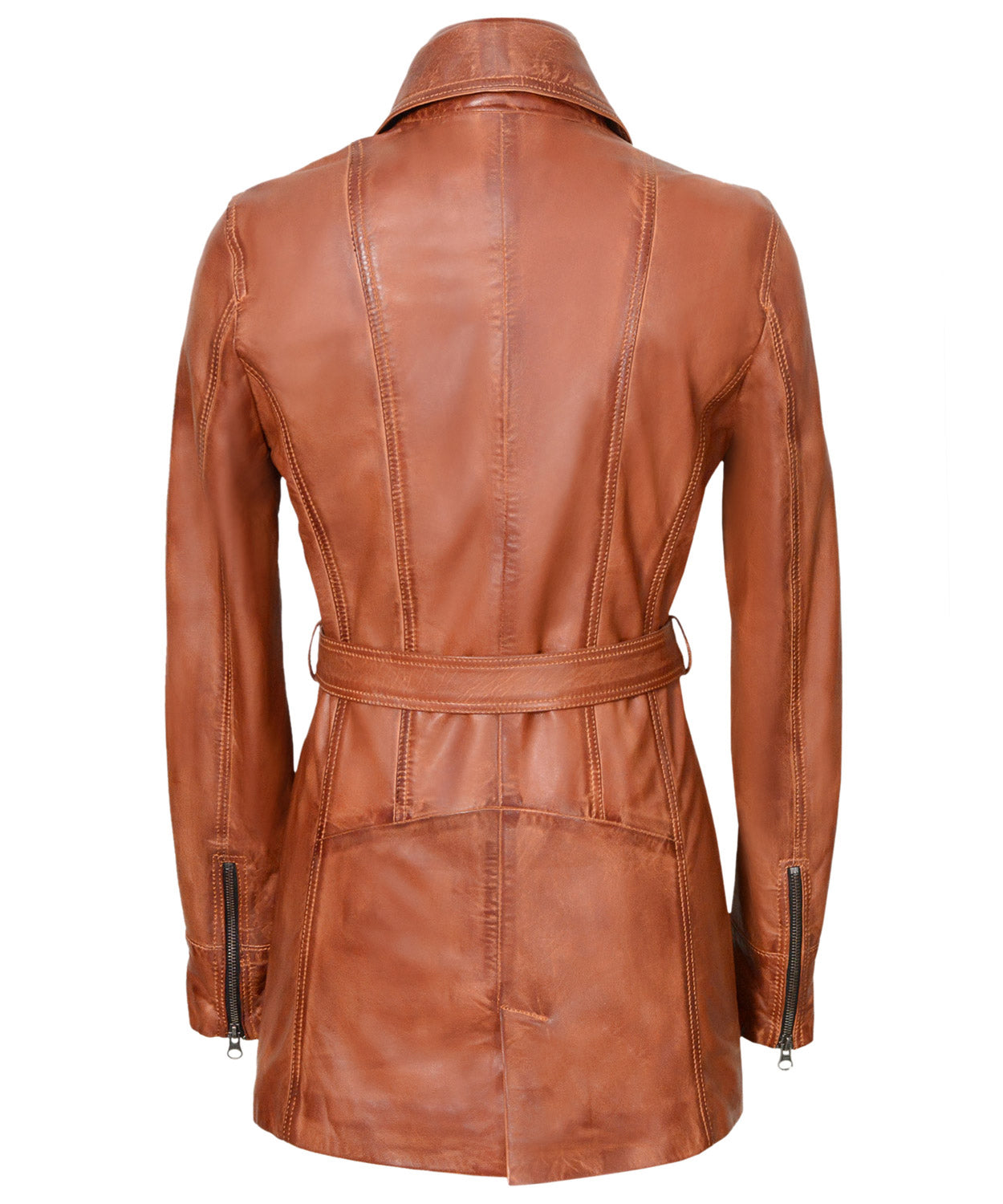 Women's Cognac Mid-Length Lambskin Leather Coat – Belted Waist