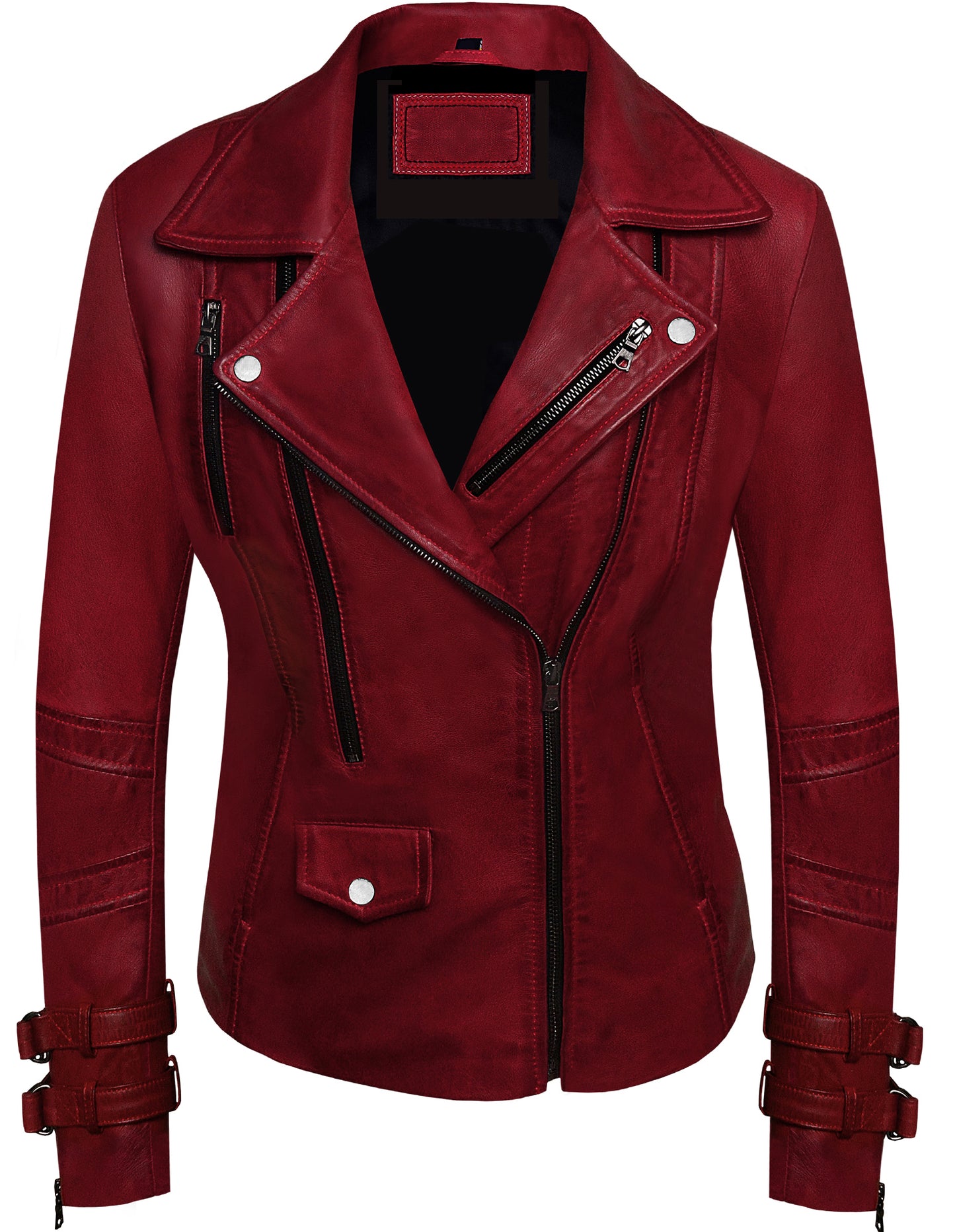 Women's Red Sheepskin Biker Jacket – Contrast Black Zippers