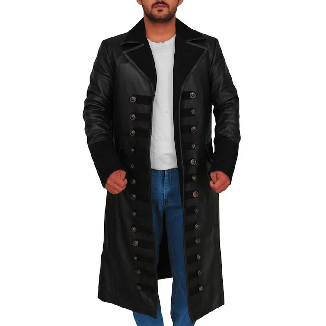 Long Leather Pirate Captain Black Coat For Men