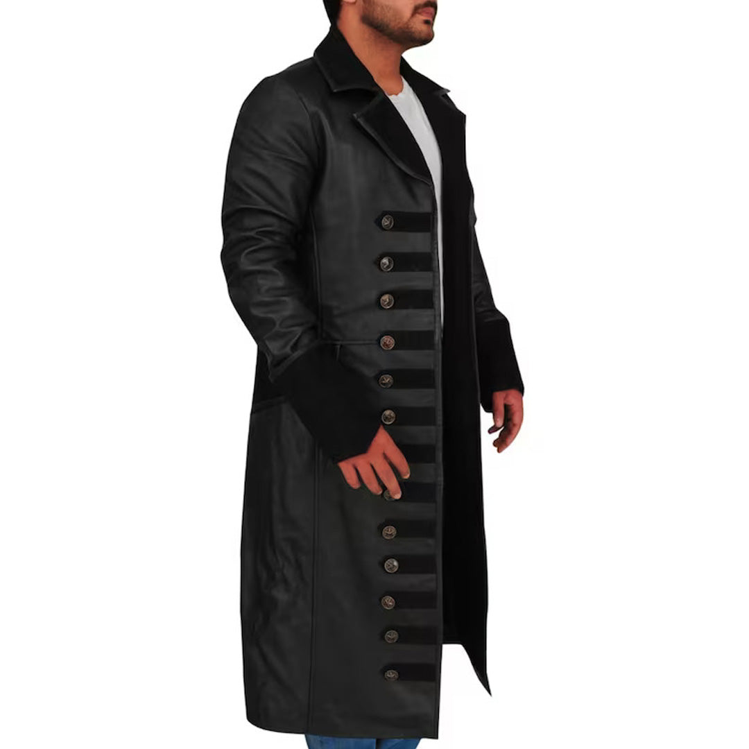 Long Leather Pirate Captain Black Coat For Men