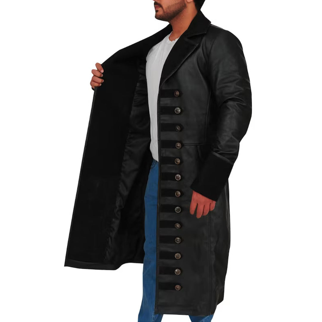 Long Leather Pirate Captain Black Coat For Men